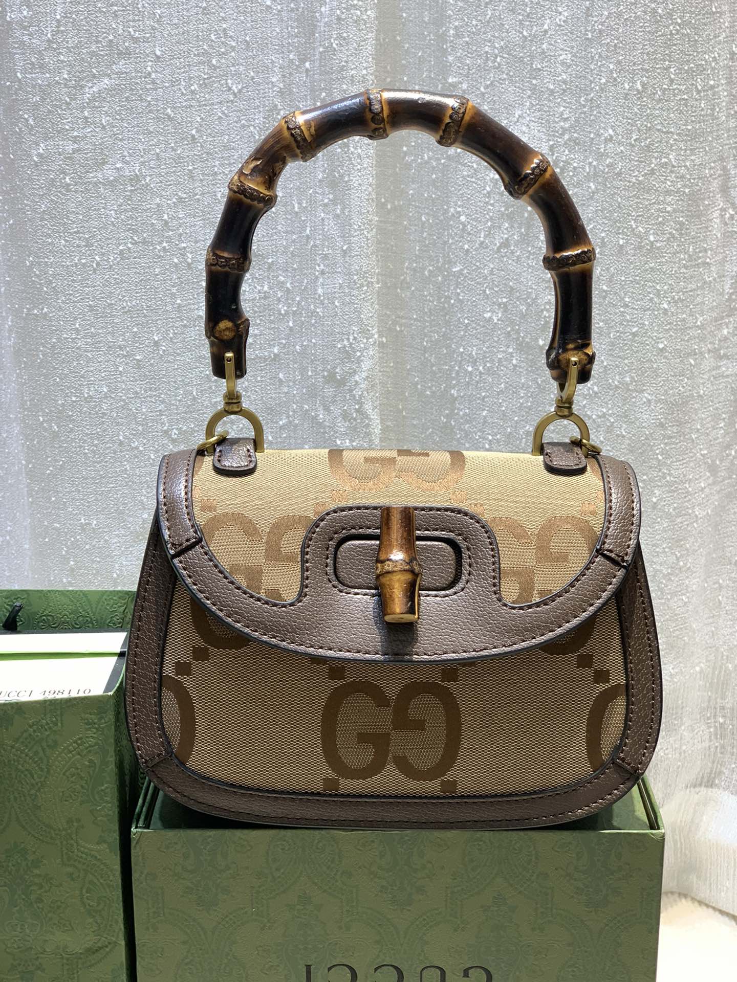 超アレ　グッチ　Gucci Bamboo 1947　バンブー 1947　GGスプリーム　スモール　ブラウンショルダーバッグ　2WAY - 画像 1