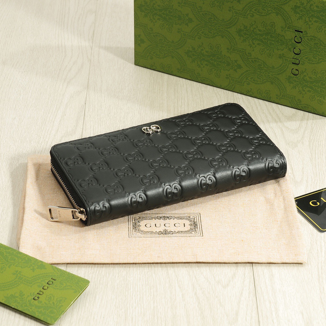 GUCCI グッチ コインケース ロングジップ財布 黒 本革 シグネチャー メンズ レディース - 画像 4
