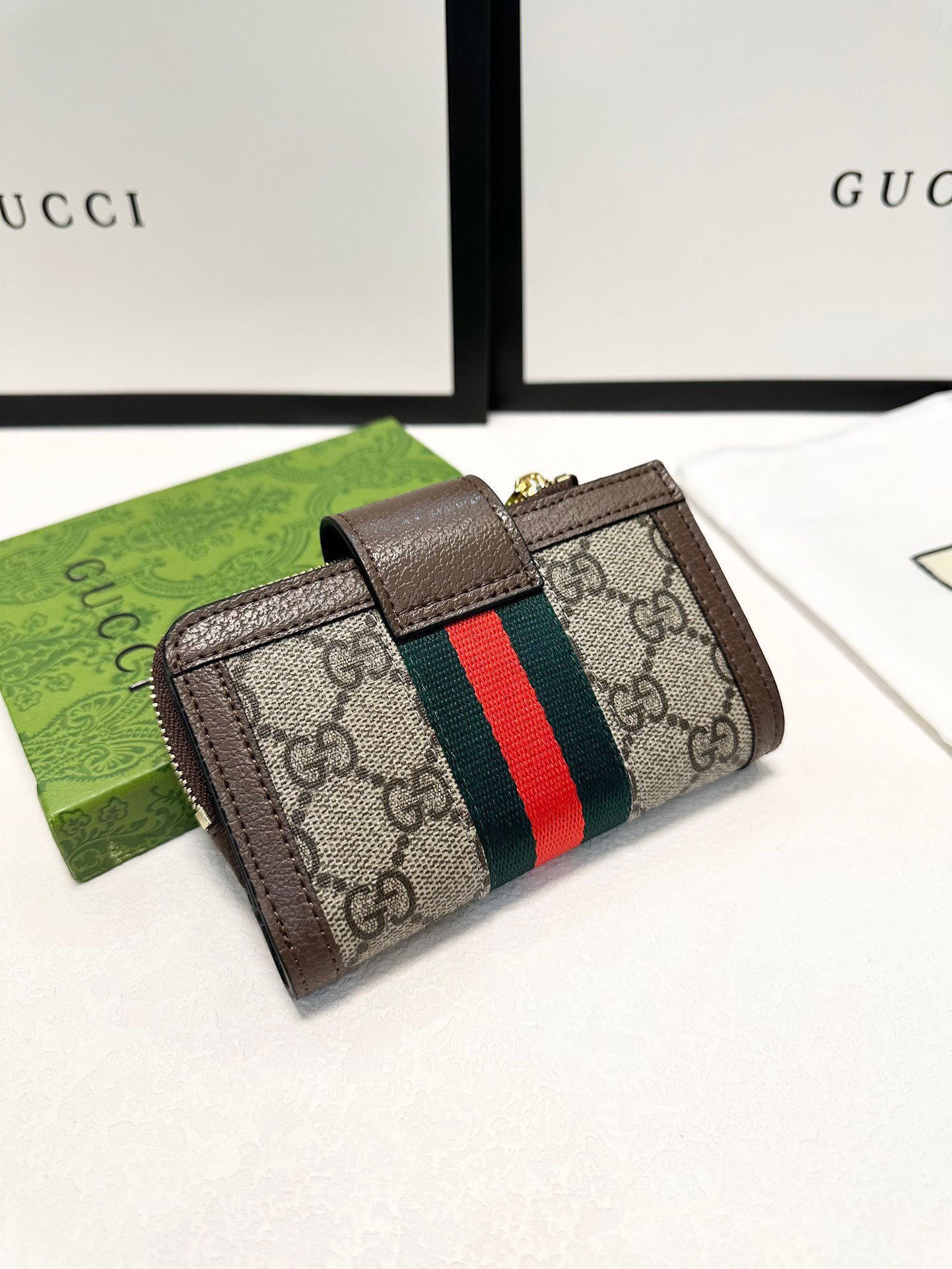 GUCCI グッチ 財布 ジップアラウンド ミニ財布 グッギーモノグラム レッド&グリーンストライプ ブラウン - 画像 7