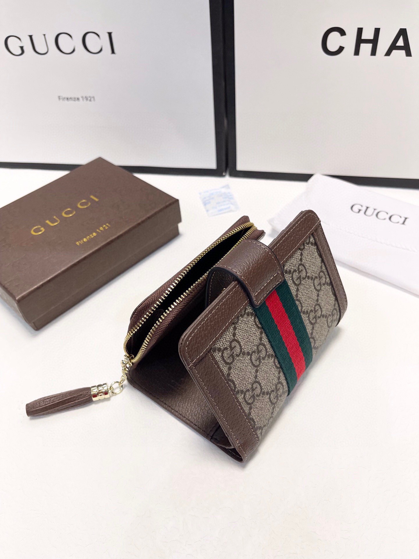 Gucci グッチ 三つ折り財布 ブラウン レッドグリーンストライプ 15x10cm - 画像 8