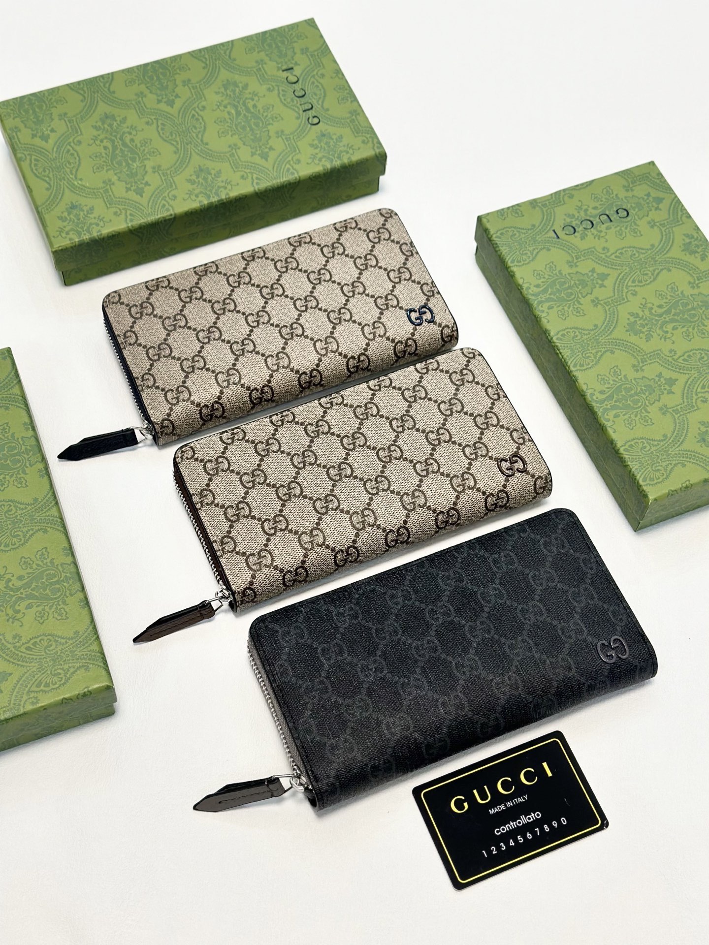 GUCCI グッチ オイルカーフ革 ロングジップ財布 ブルー グレー カーキ 全3色 - 画像 1