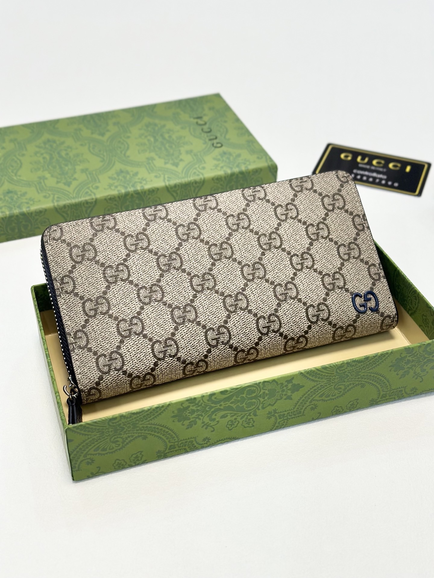 GUCCI グッチ オイルカーフ革 ロングジップ財布 ブルー グレー カーキ 全3色 - 画像 4