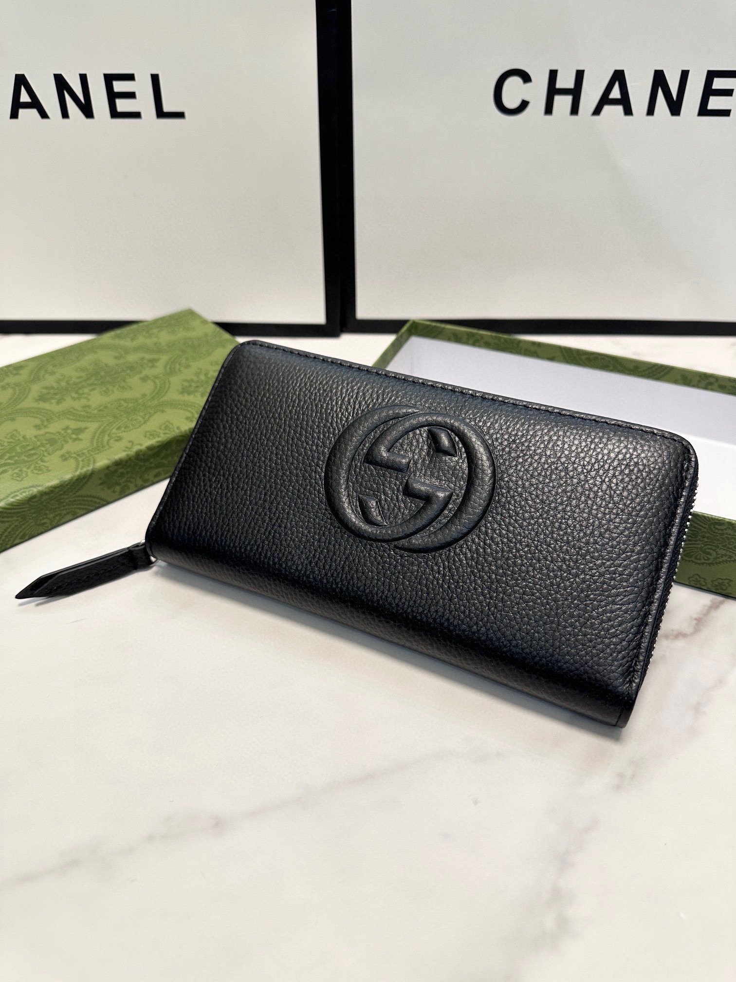 P100 ピンク グッチ ロングジップウォレット ブラック 21x11cm 本革仕様 - 画像 6