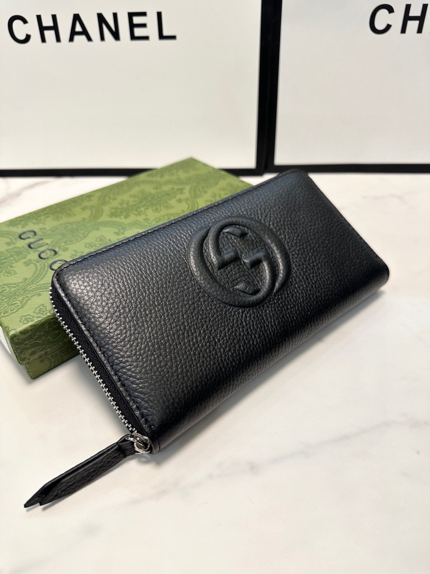P100 ピンク グッチ ロングジップウォレット ブラック 21x11cm 本革仕様 - 画像 7