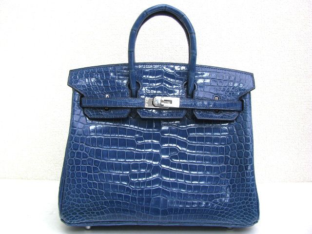 国内発送エルメスコピー バーキン25 クロコダイルポロサス/ブルーモア ブルーロイ 金具 シルバー hms004