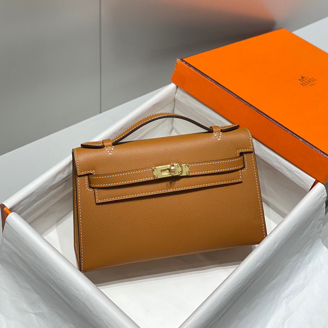 ハーフ手縫い　HERMES　エルメス　ポシェットケリー　エプソン　ミニバッグ　レディース　ハンドバッグ　クラッチバッグ　牛革 - 画像 10